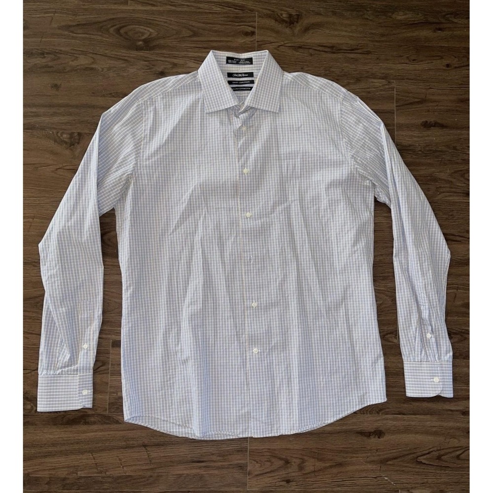 Saks Fifth Avenue Dress Shirt Mens 16.5 36/37 Blue Check Slim Fit Long Sleeve